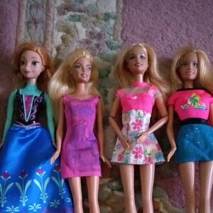 Set of 4 Fashion Dolls, 3 Barbies, 1 Disney - Pink, Purple, Blue & Teal Outfits